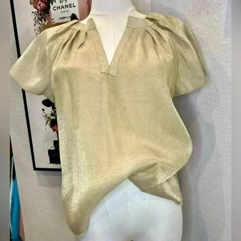 LUMINARY Gold Sparkle Pleated Top With Flutter Sleeves Size XS